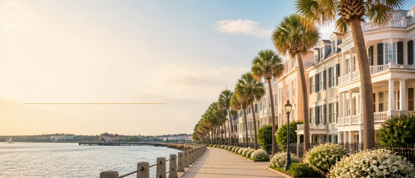 The Battery at sunset - palmettos and antebellum homes along Charleston harbor