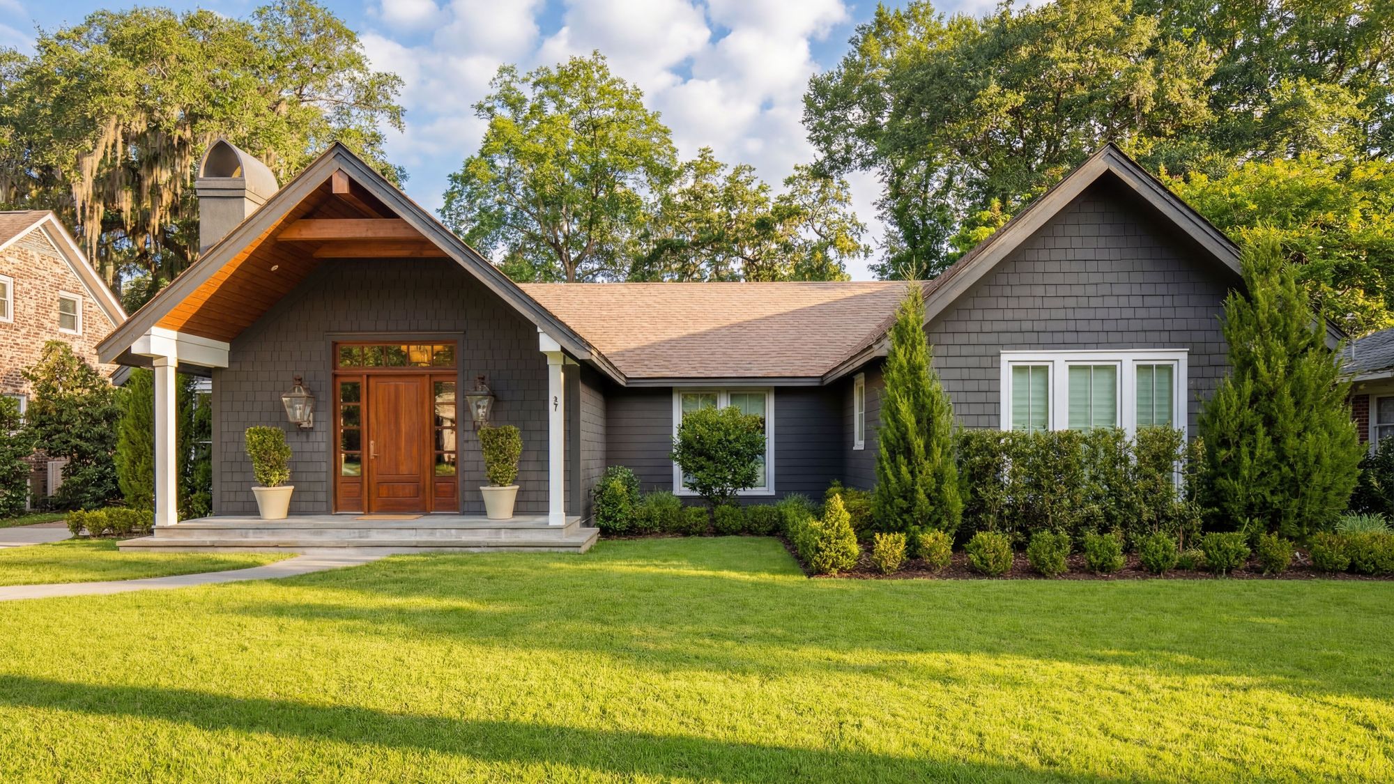 Shingled house with cedar porch ceiling and gas lanterns